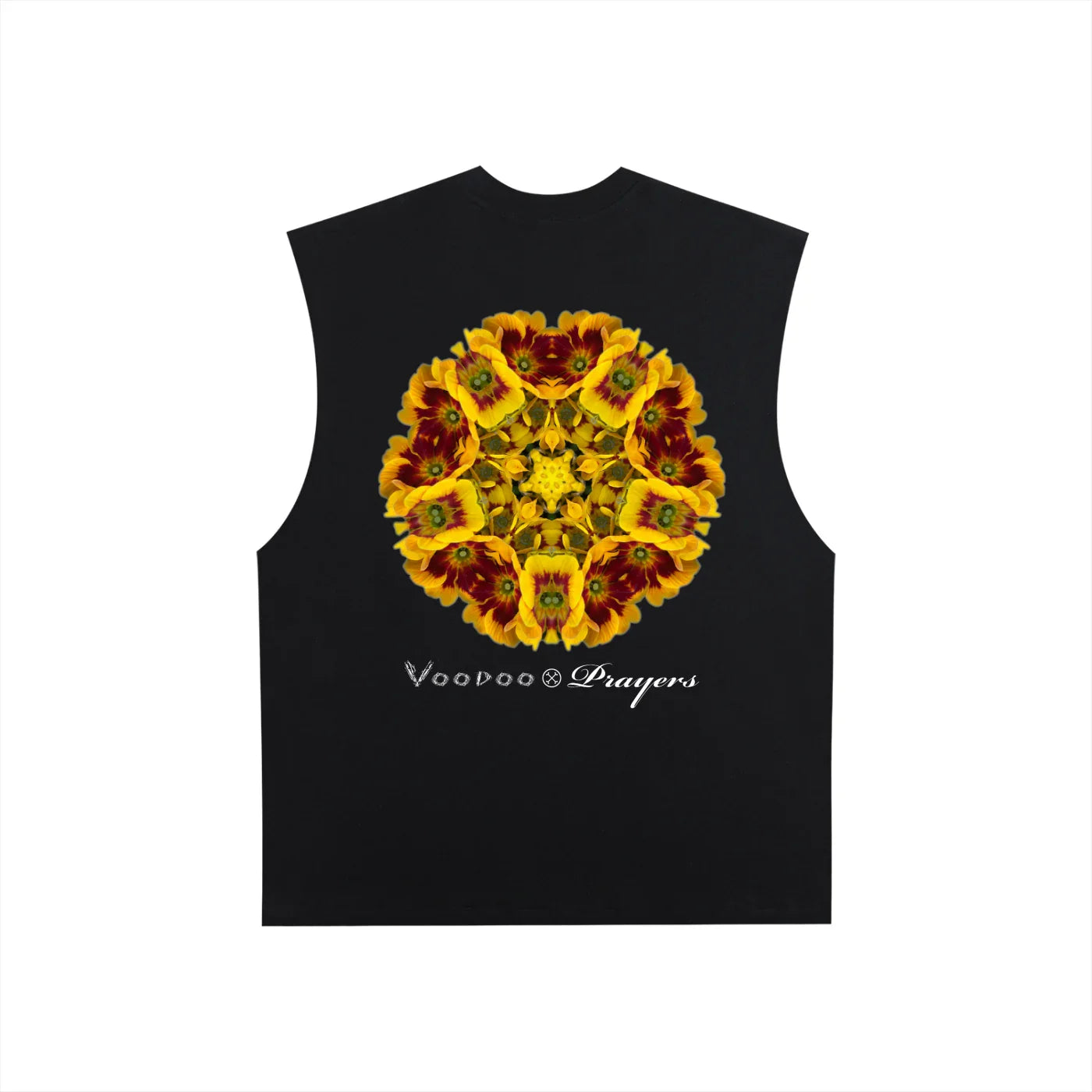 Black sleeveless shirt with yellow floral mandala and 'Voodoo Prayers' text on back