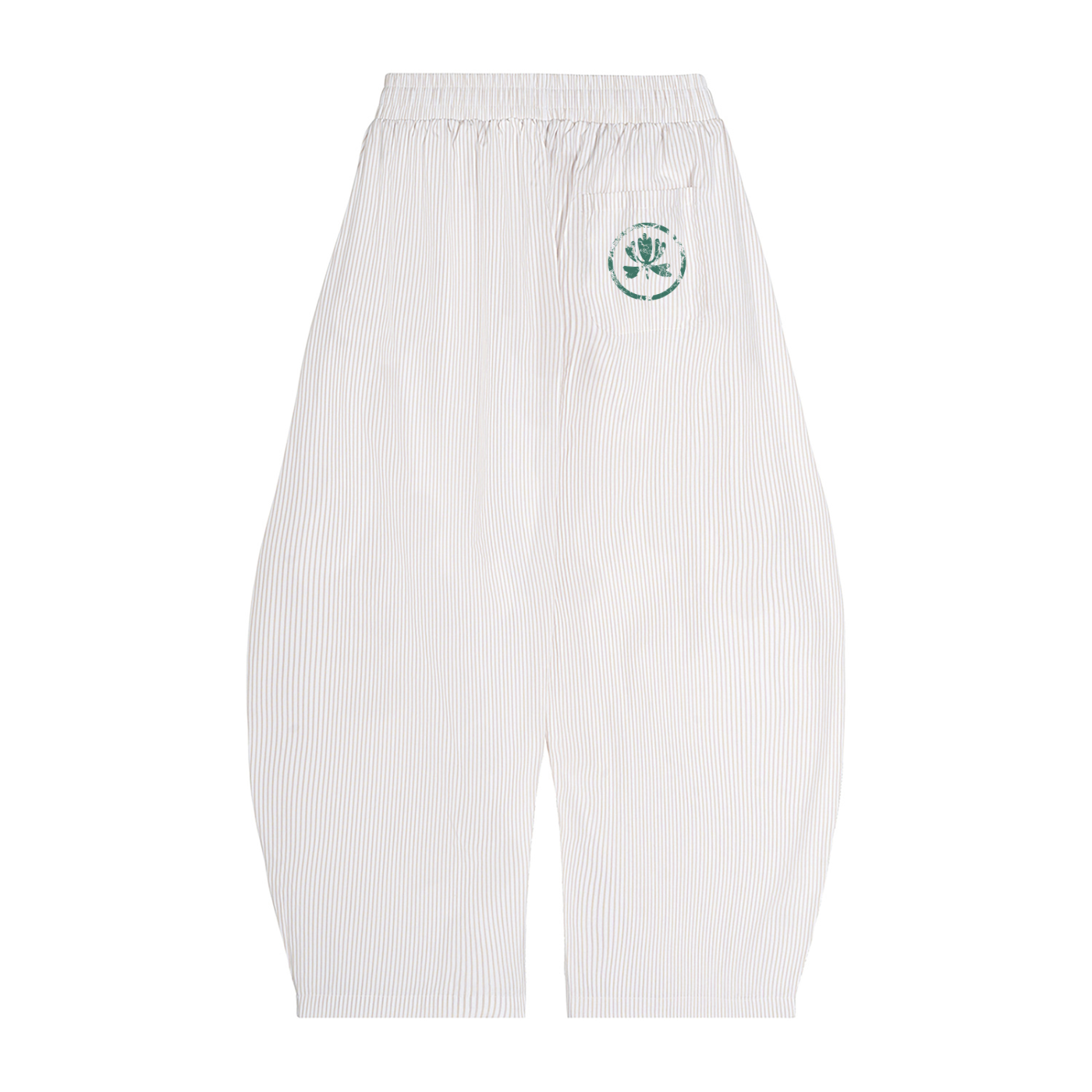 White pants with a green logo on a white background