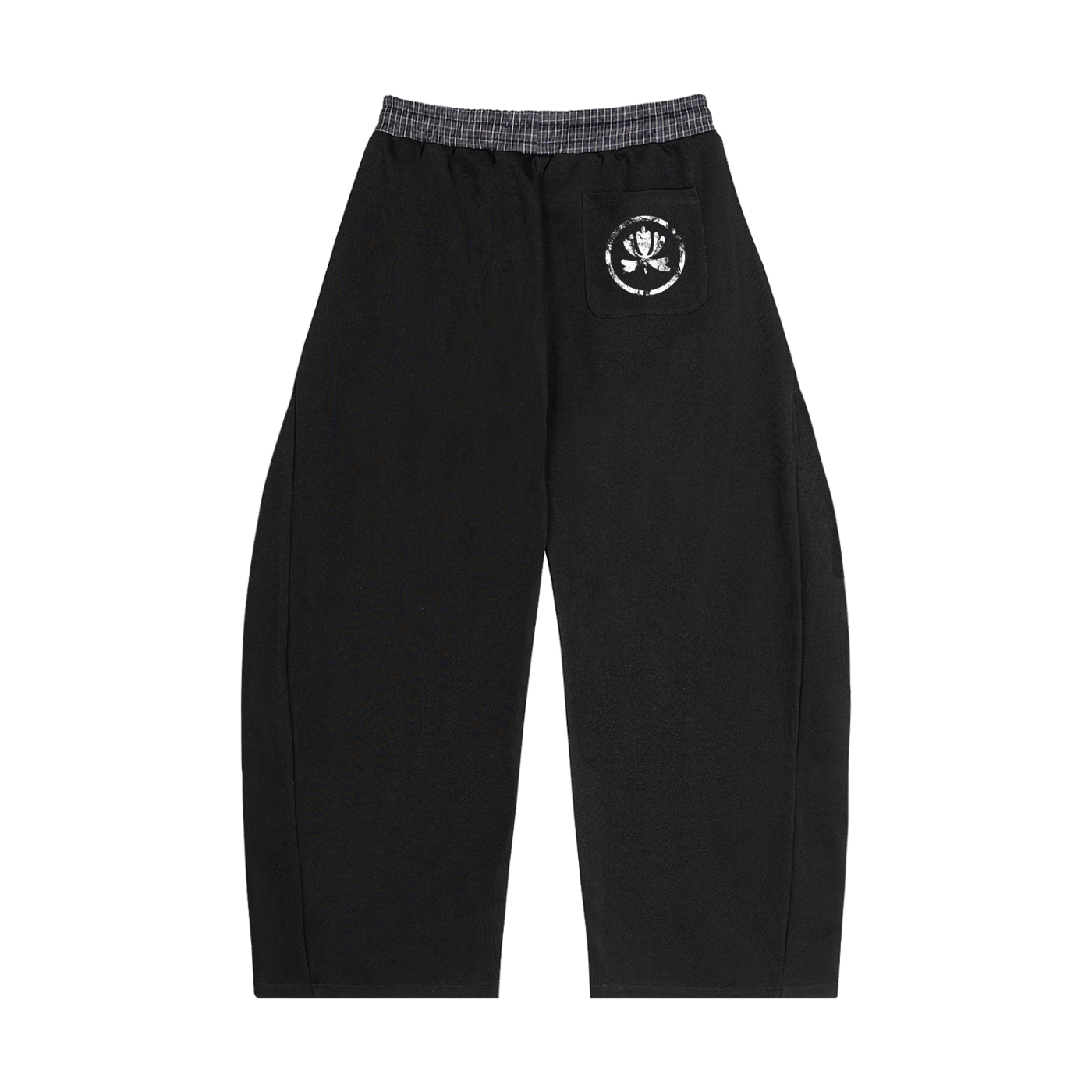 Black pants with white designs and 'War On Sin' text on a white background