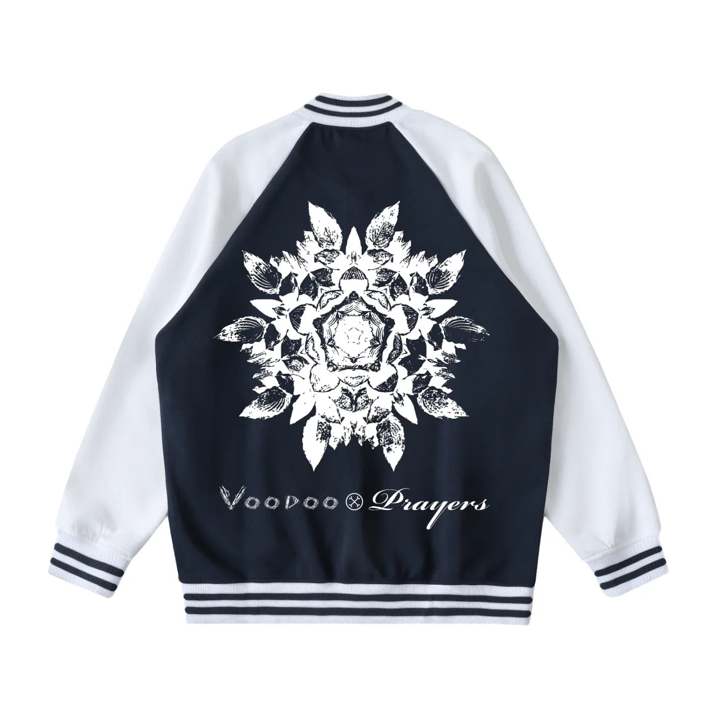 Black and white varsity jacket with bold floral mandala graphic and text on the back