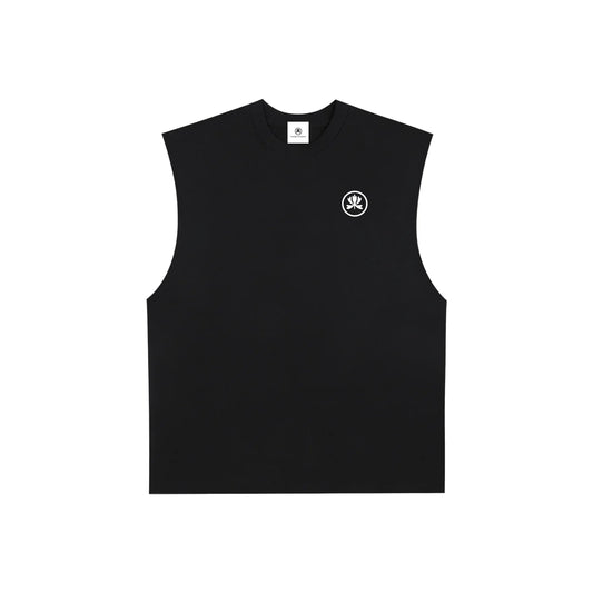 Black sleeveless shirt with small white abstract logo on chest, minimalist streetwear style