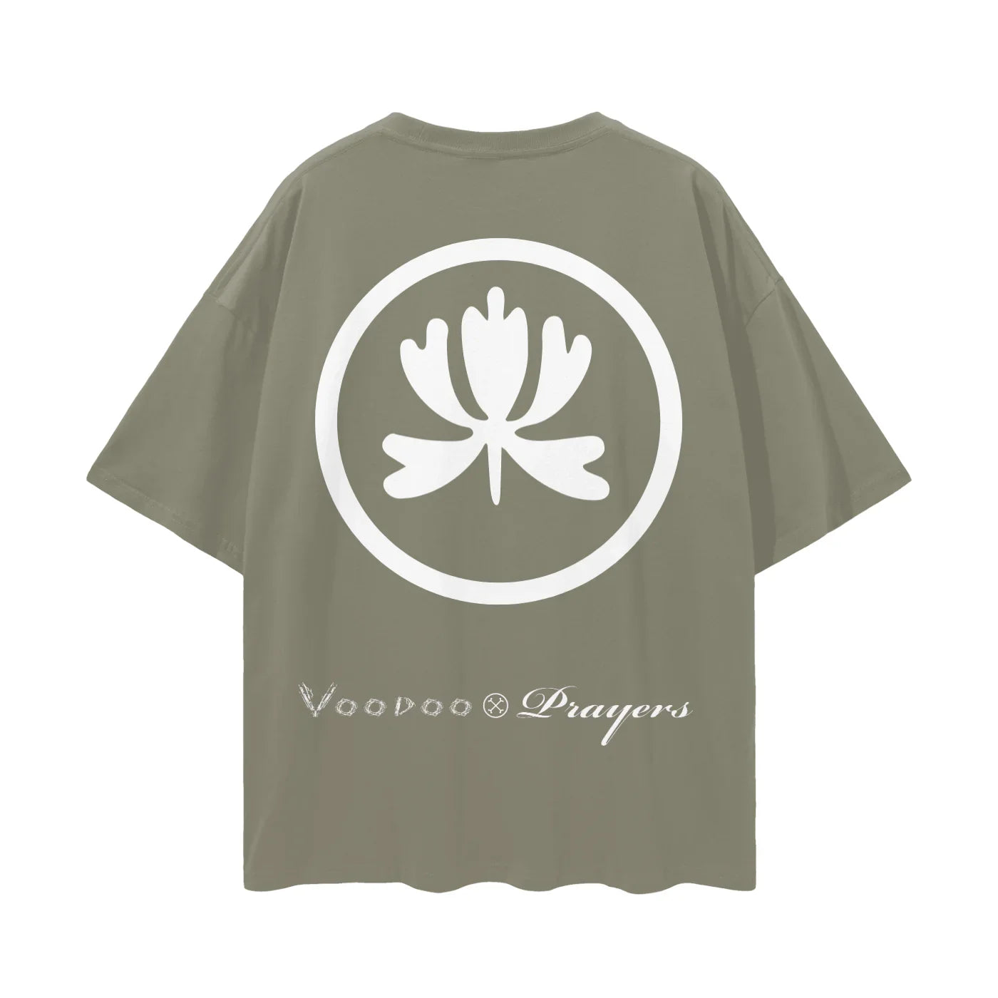 Olive green oversized T-shirt with bold white lotus graphic and stylized text on the back