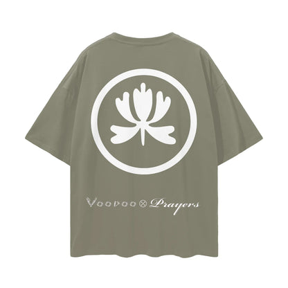 Olive green oversized T-shirt with bold white lotus graphic and stylized text on the back