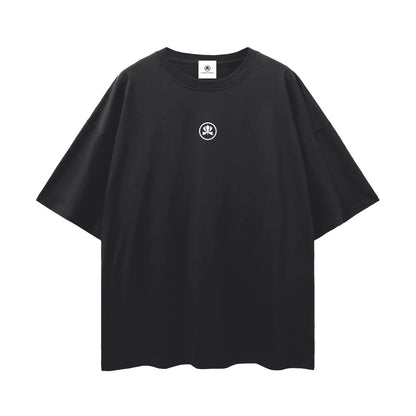 Black oversized t-shirt with white minimalist hand logo on chest, streetwear style.