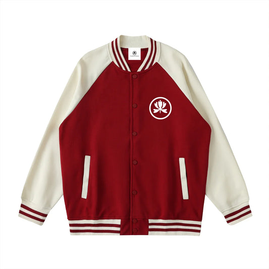 Red and white varsity jacket with lotus logo, streetwear inspired by electronic music culture