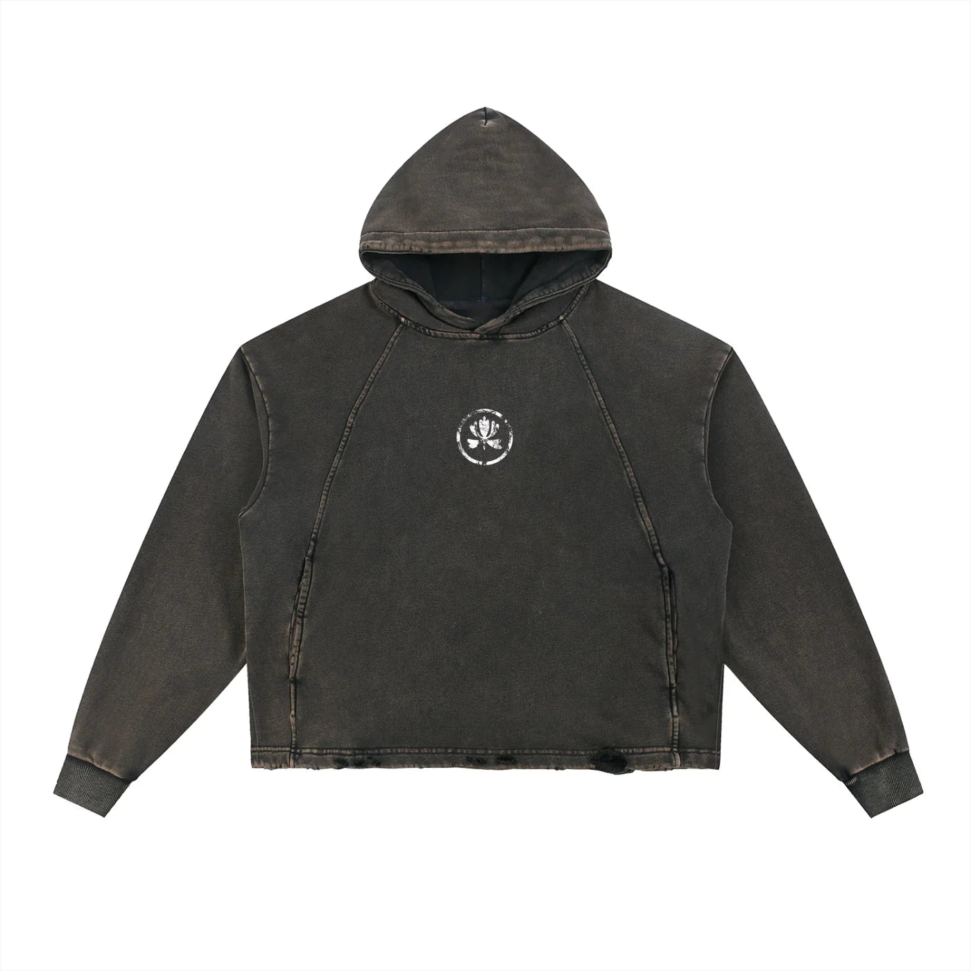 Washed black hoodie with minimalist white chest graphic, urban streetwear style