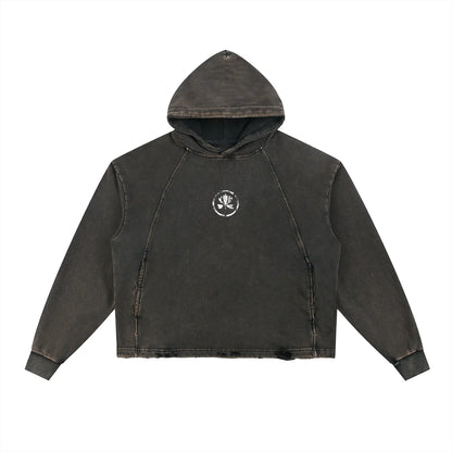 Washed black hoodie with minimalist white chest graphic, urban streetwear style