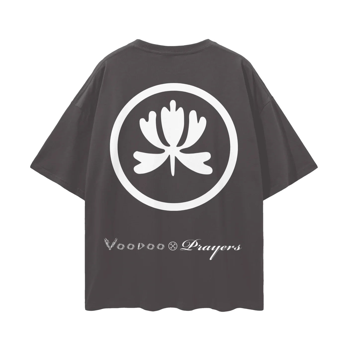 Black oversized t-shirt with bold white floral emblem and Voodoo Prayers text on back
