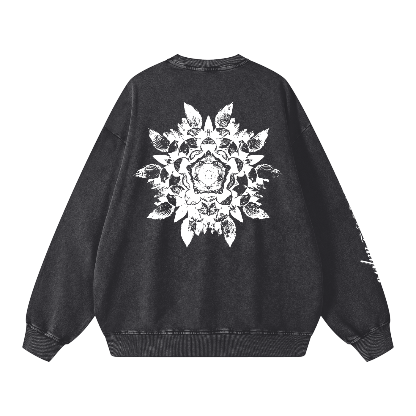 Black sweatshirt with a white floral design on the back against a white background