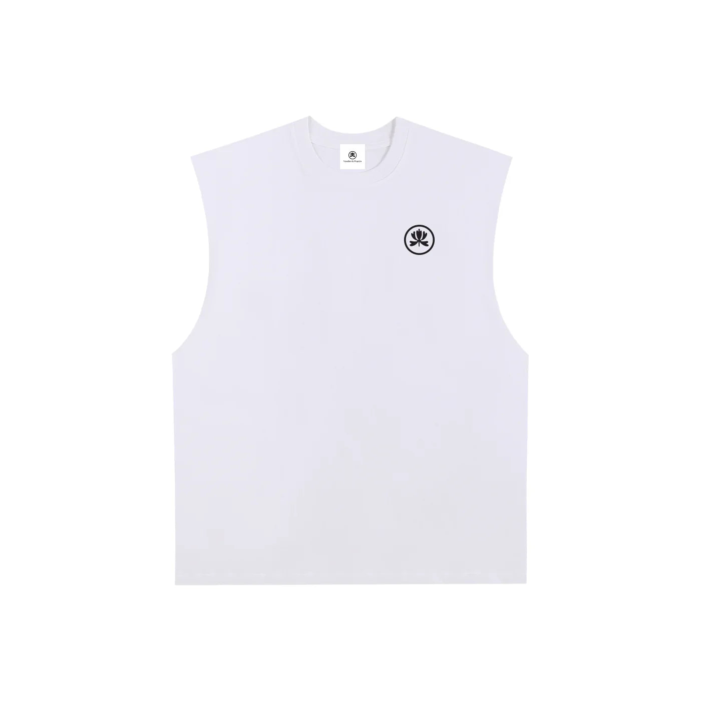 White sleeveless shirt with black graphic logo on chest, minimalist streetwear style