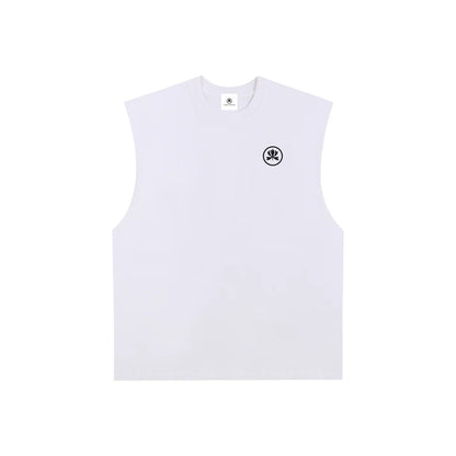 White sleeveless shirt with black graphic logo on chest, minimalist streetwear style