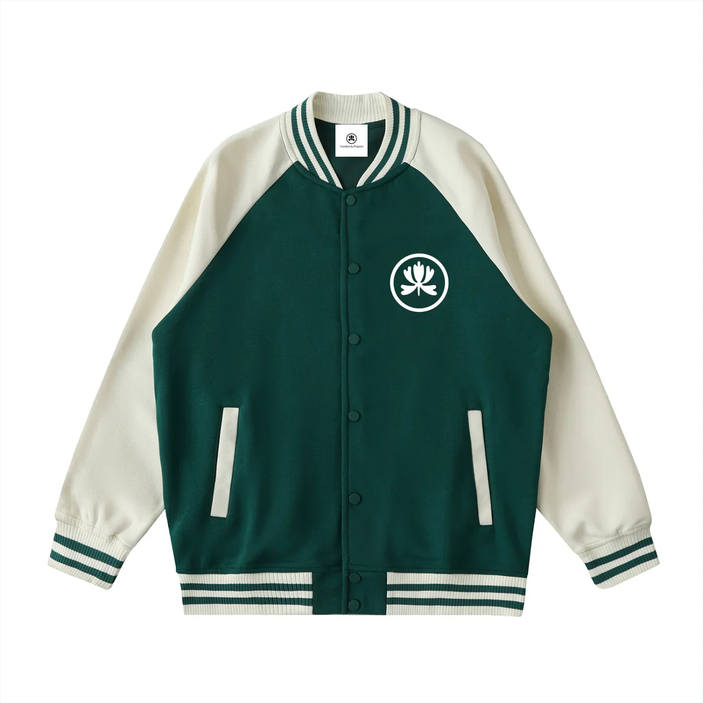 Green and cream varsity jacket with lotus emblem, streetwear inspired by underground music culture
