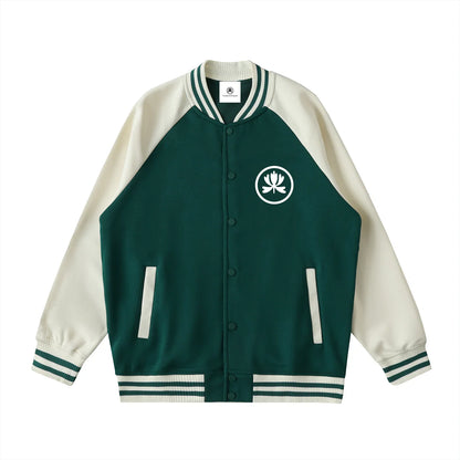 Green and cream varsity jacket with lotus emblem, streetwear inspired by underground music culture