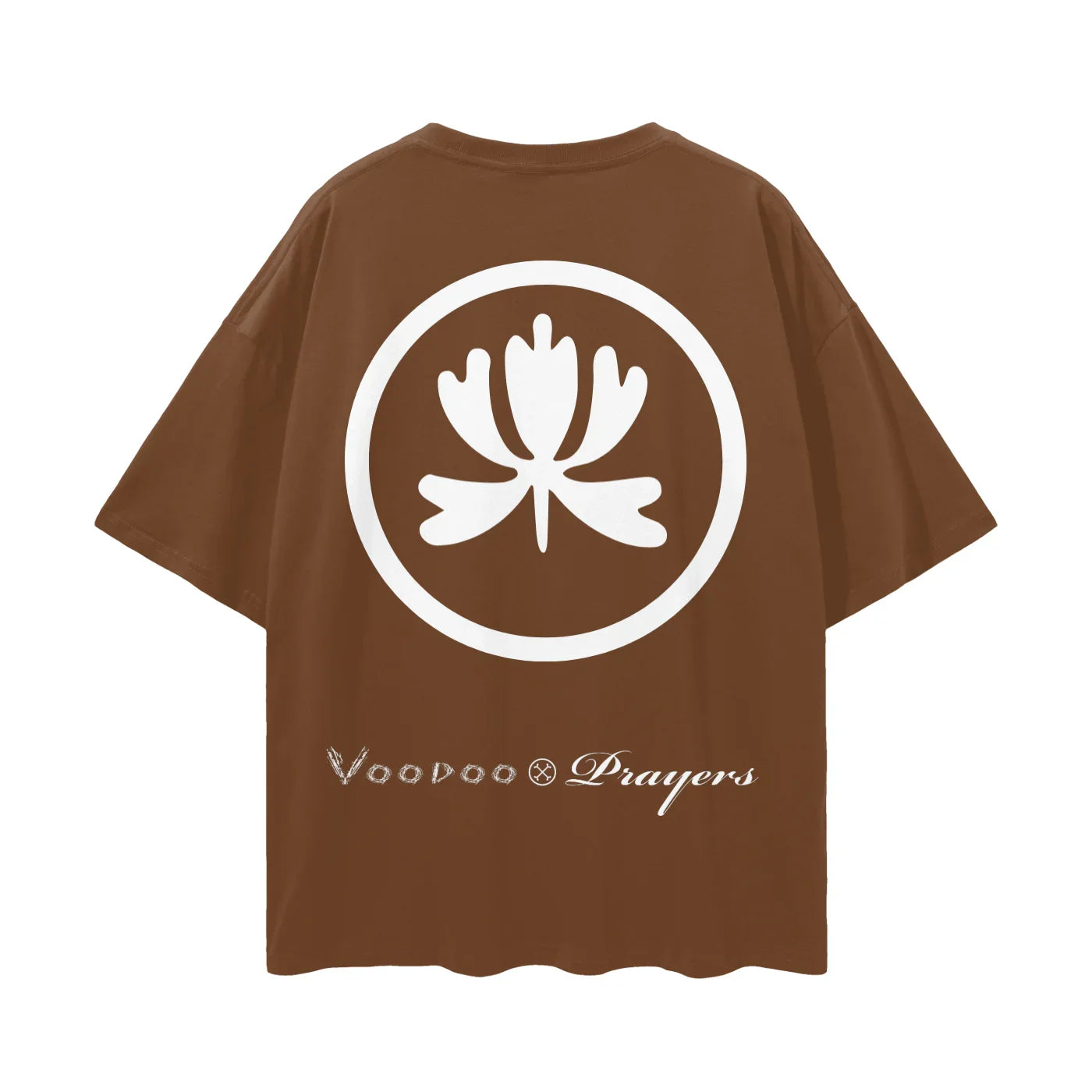 Brown oversized t-shirt with white abstract lotus emblem and Voodoo Prayers text on back