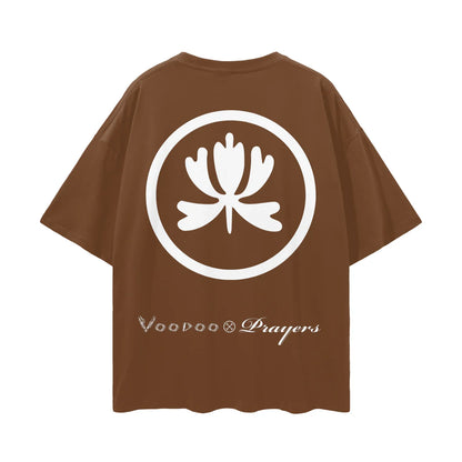 Brown oversized t-shirt with white abstract lotus emblem and Voodoo Prayers text on back
