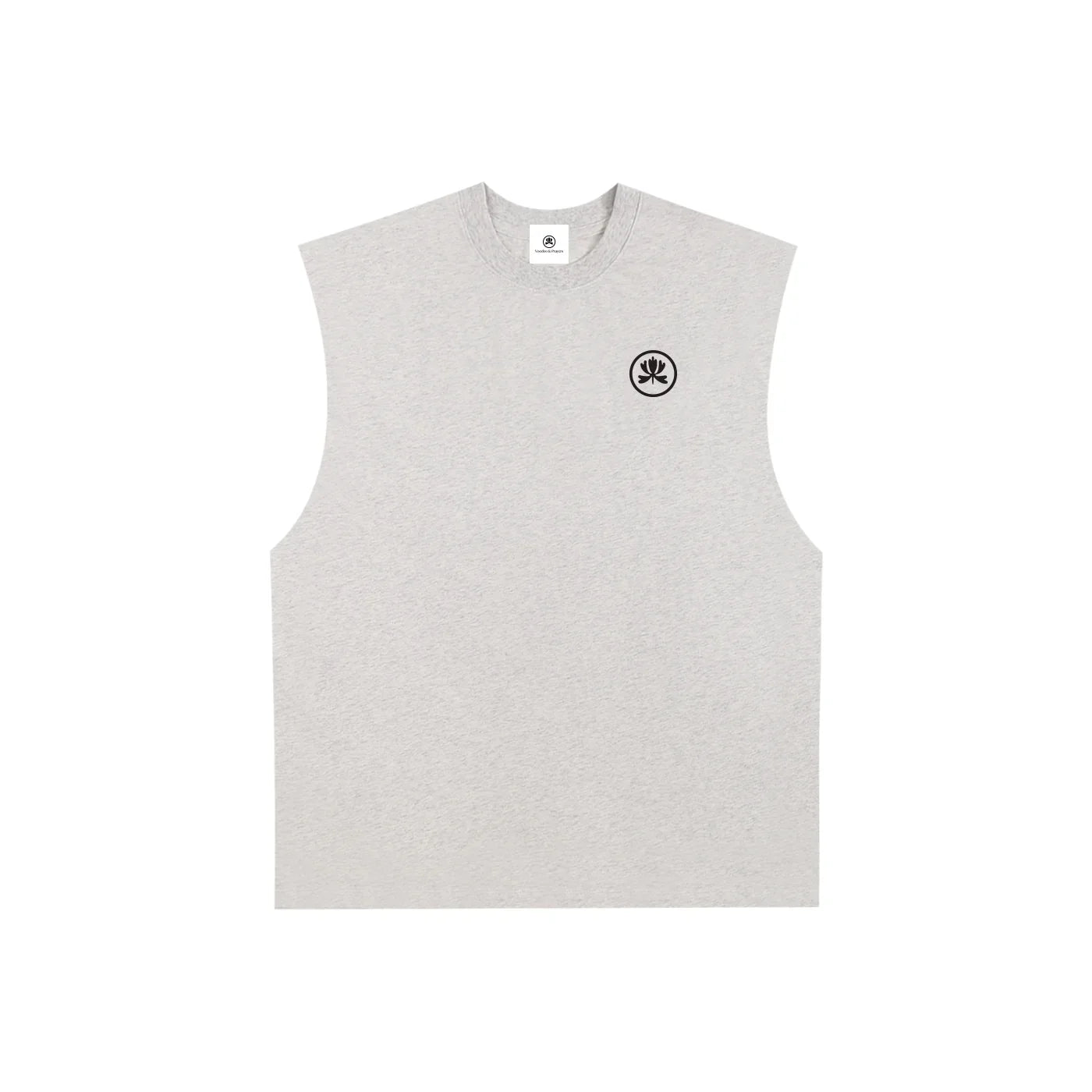 Grey sleeveless t-shirt with black circular logo on chest, minimalist streetwear style