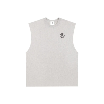 Grey sleeveless t-shirt with black circular logo on chest, minimalist streetwear style