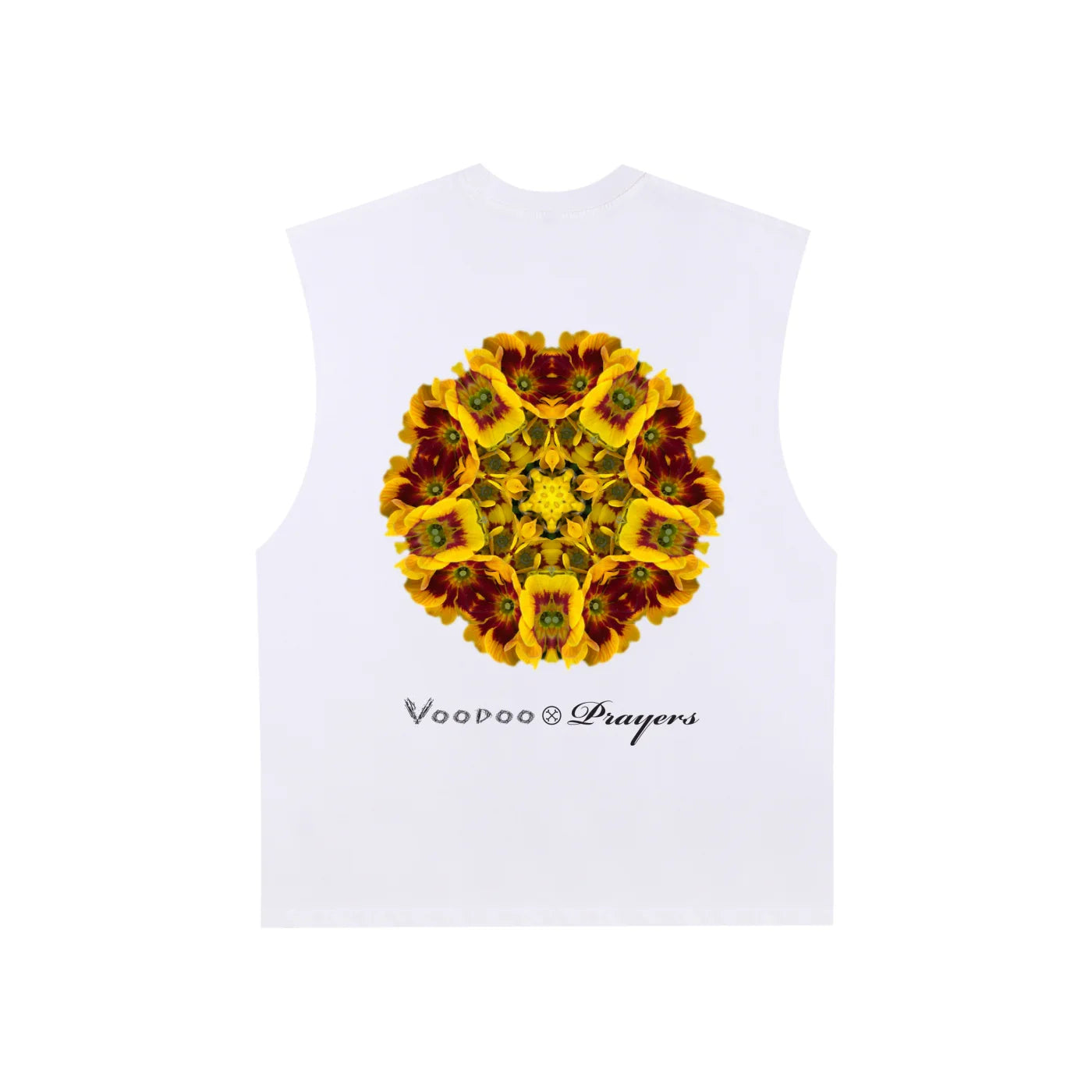 White sleeveless shirt with kaleidoscope yellow-red floral graphic and stylized text on back