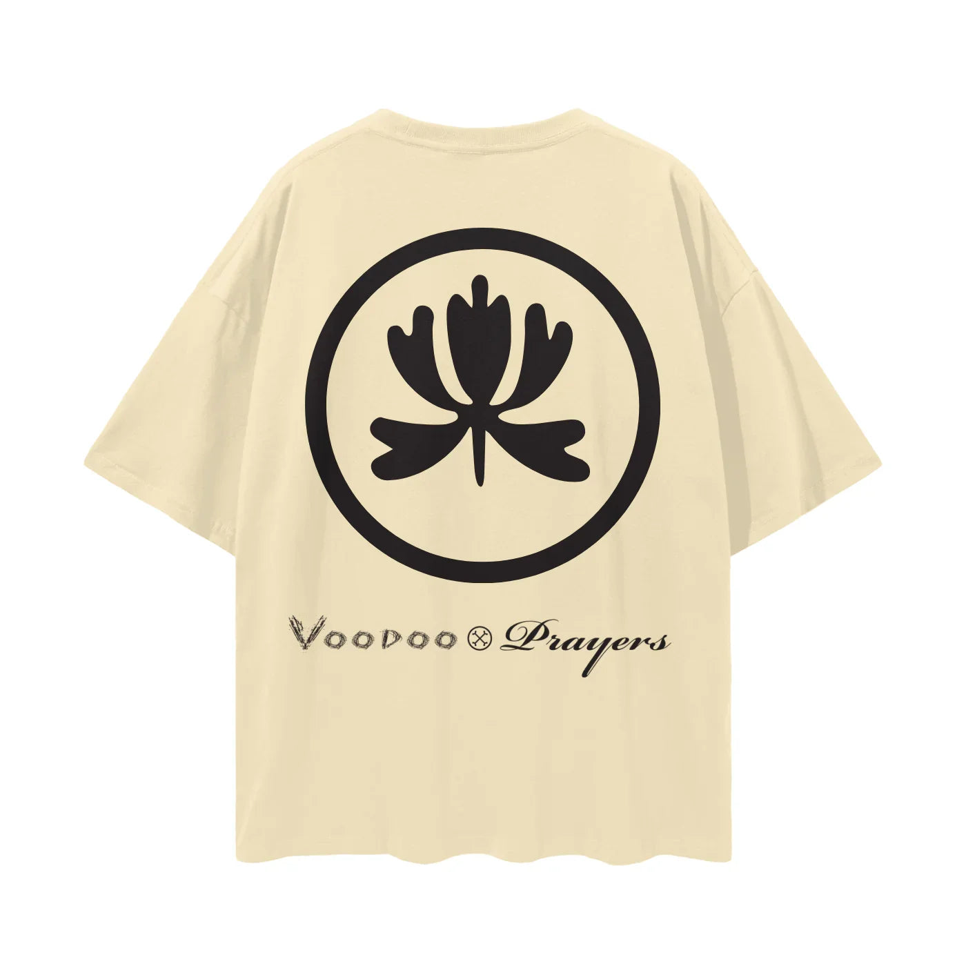 Beige oversized t-shirt with bold black lotus emblem and 'Voodoo Prayers' text on back