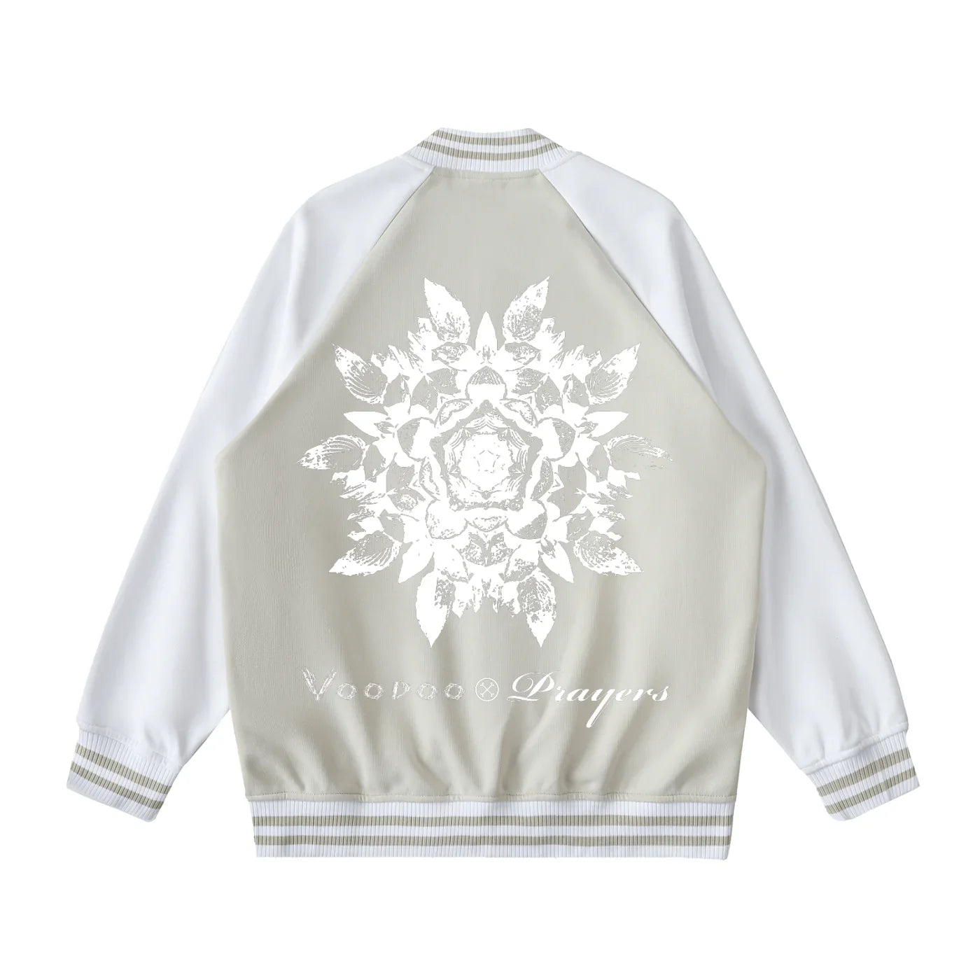 White and light gray bomber jacket with abstract floral mandala back print, club culture style