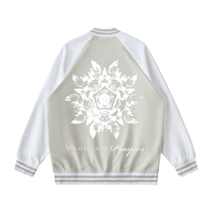 White and light gray bomber jacket with abstract floral mandala back print, club culture style