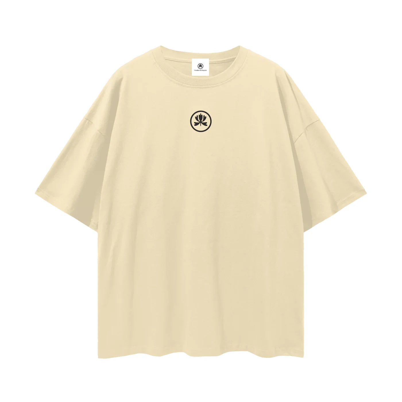 Beige oversized t-shirt with black abstract logo on chest, streetwear fashion