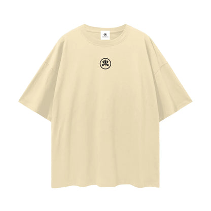 Beige oversized t-shirt with black abstract logo on chest, streetwear fashion