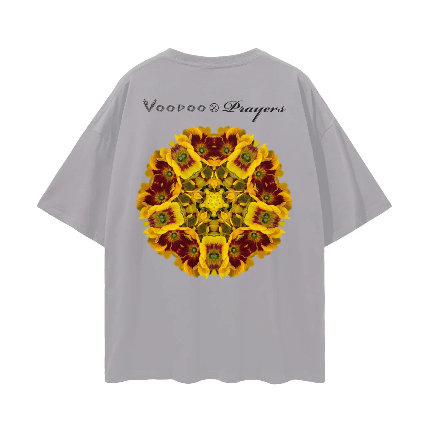 Gray oversized t-shirt with Voodoo Prayers text and yellow floral mandala graphic on back