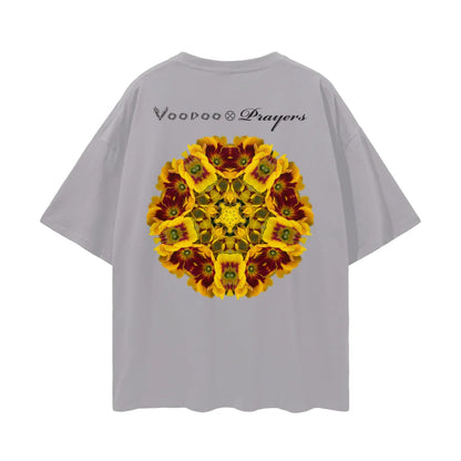 Gray oversized t-shirt with Voodoo Prayers text and yellow floral mandala graphic on back