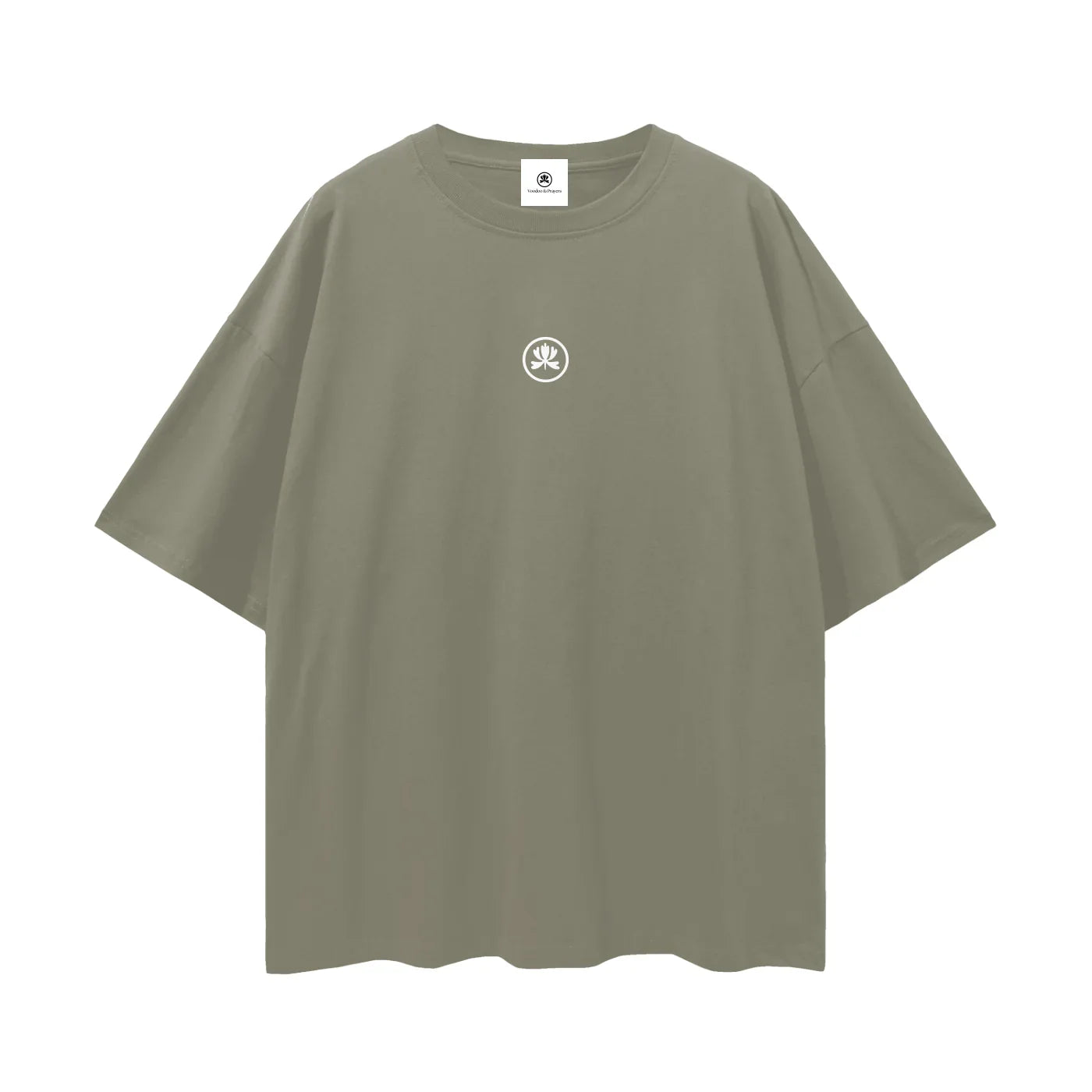 Oversized olive green t-shirt with small white abstract logo on chest, clubwear fashion