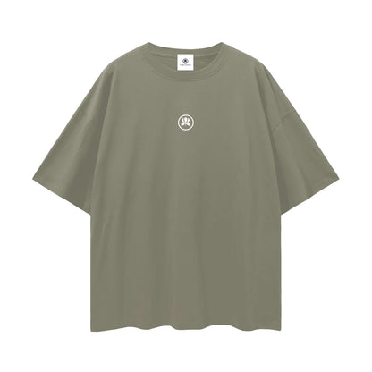 Oversized olive green t-shirt with small white abstract logo on chest, clubwear fashion