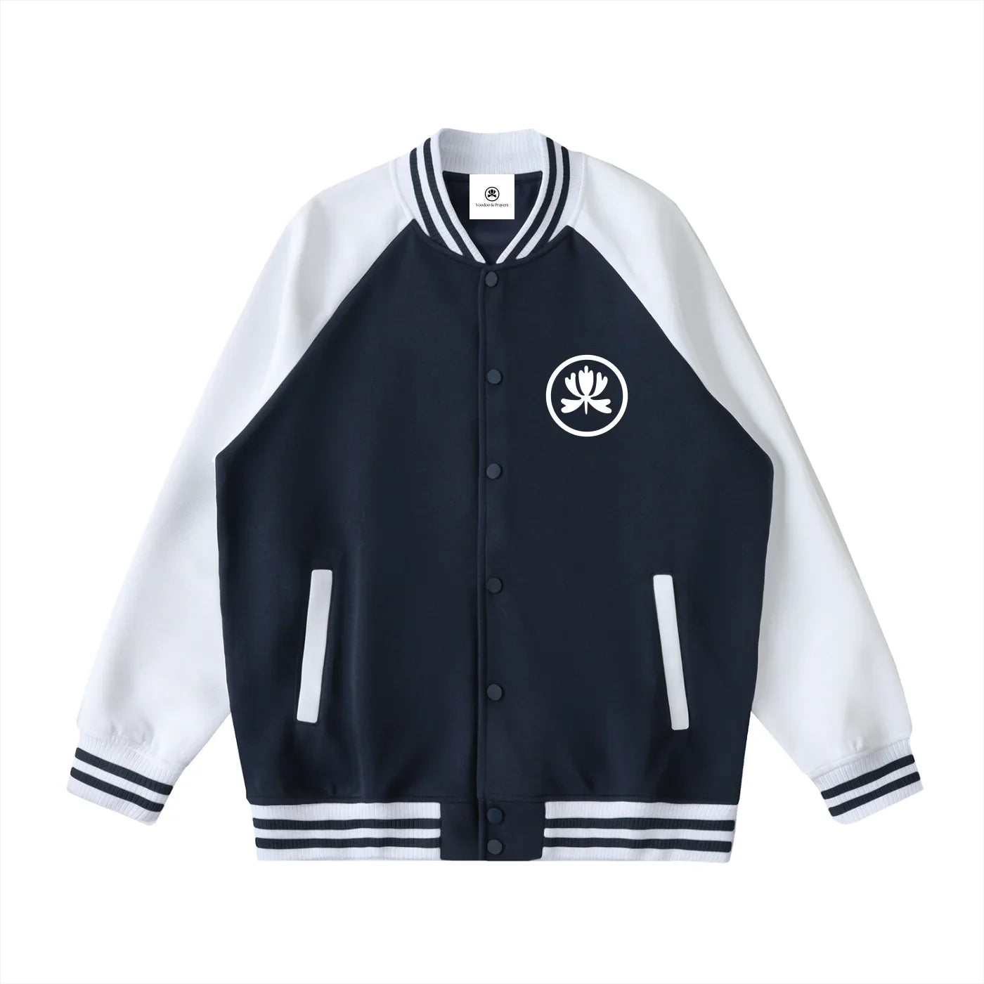 Black and white varsity jacket with lotus emblem, striped cuffs, and sporty club style