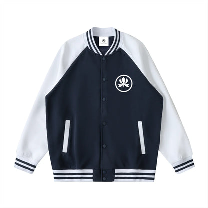 Black and white varsity jacket with lotus emblem, striped cuffs, and sporty club style