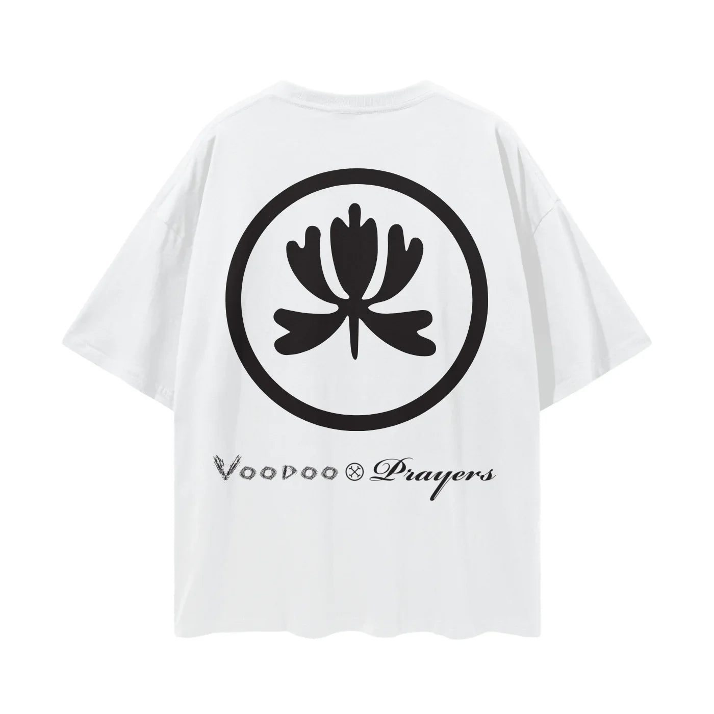 White oversized t-shirt with black abstract floral emblem and Voodoo Prayers text on back