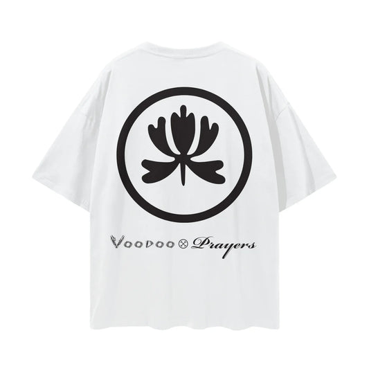 White oversized t-shirt with black abstract floral emblem and Voodoo Prayers text on back
