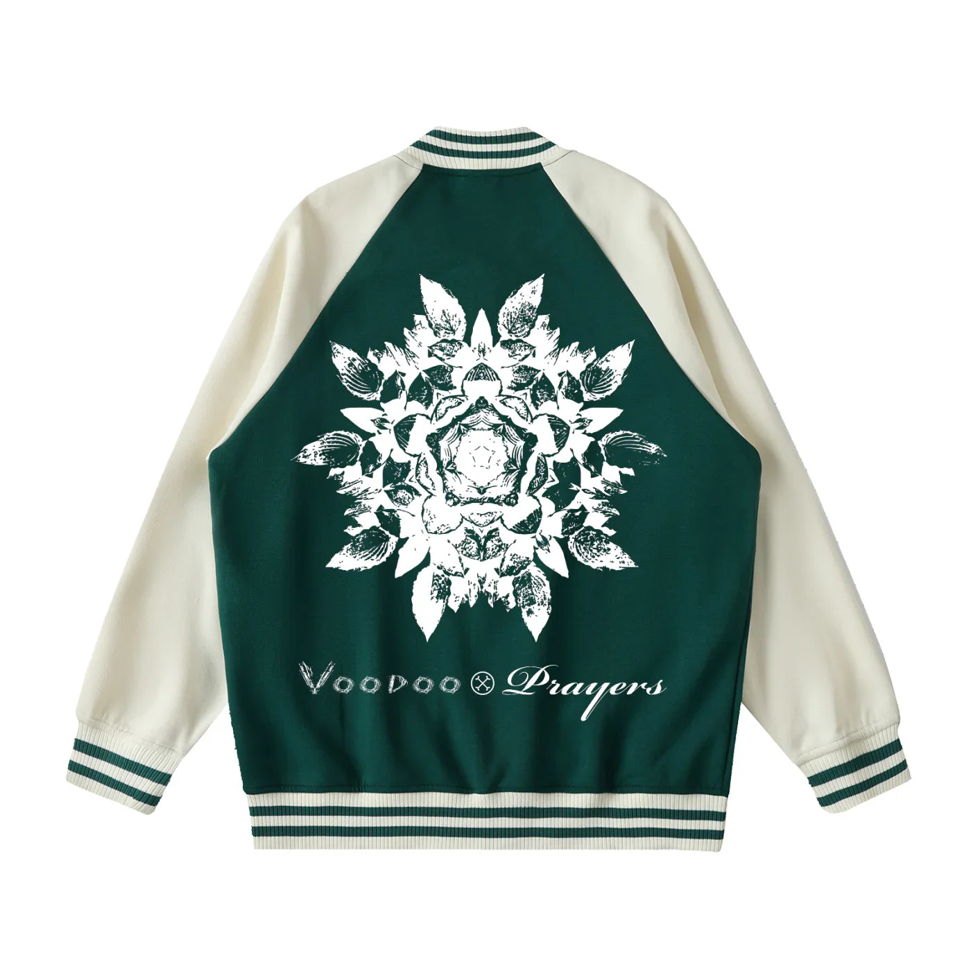 Green and white varsity jacket with bold mandala leaf print and script text on the back
