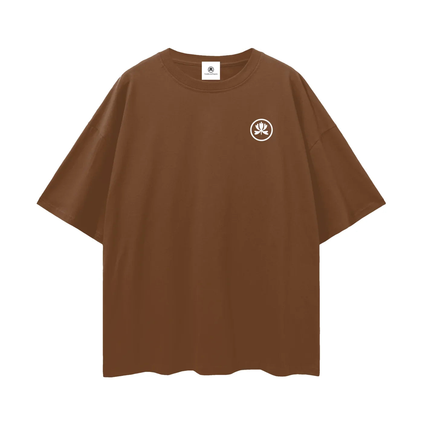 Brown oversized t-shirt with small white lotus emblem on chest, streetwear style