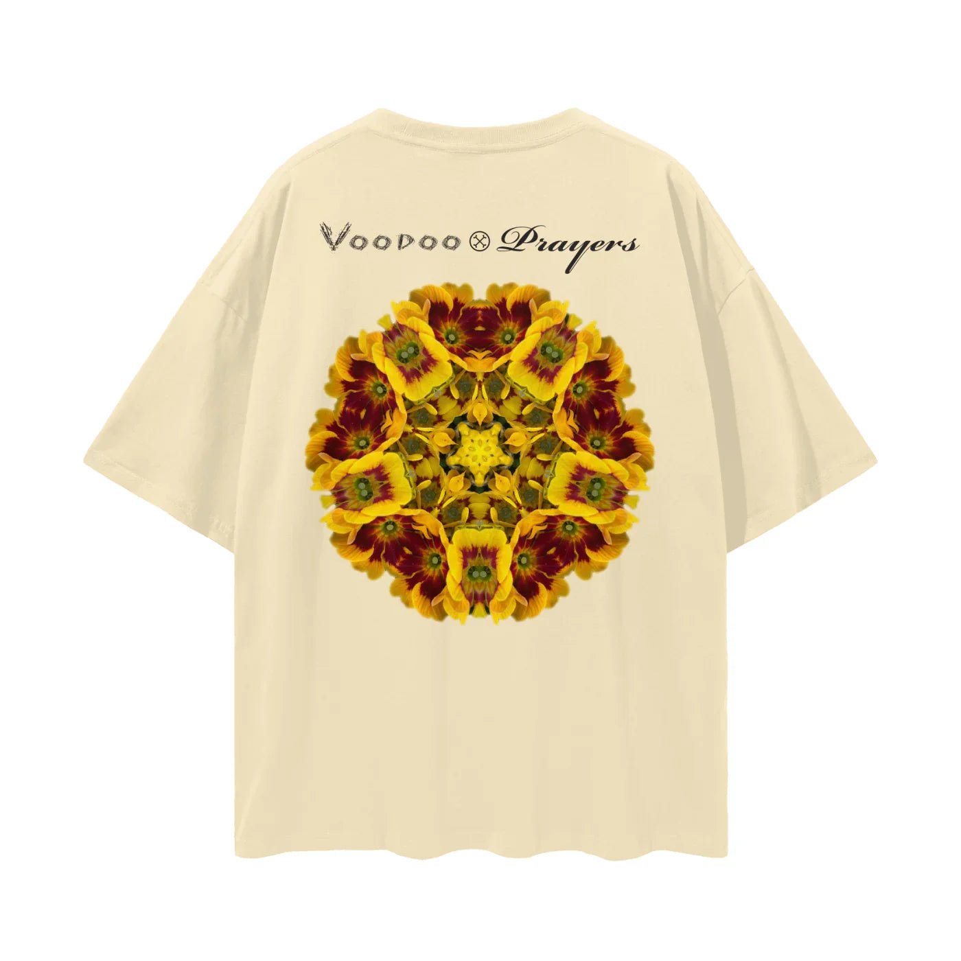 Beige oversized t-shirt with kaleidoscope yellow flower design and 'Voodoo Prayers' text on back