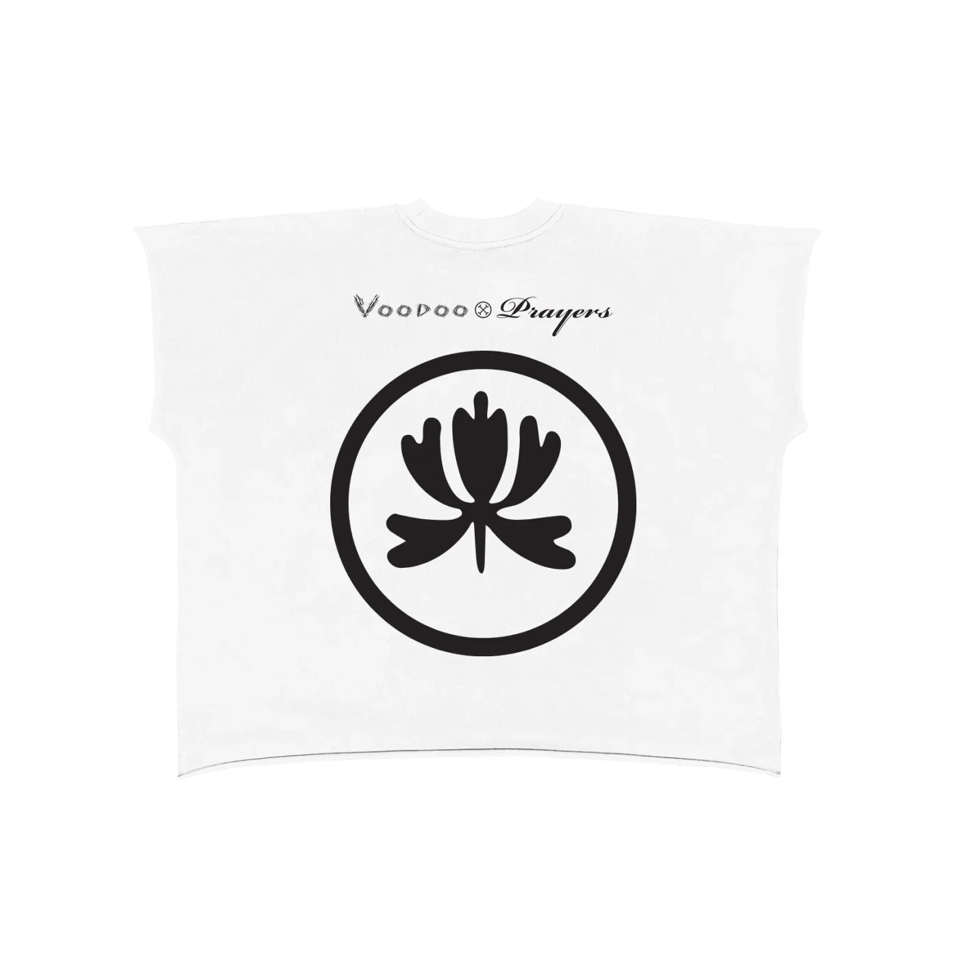 White oversized t-shirt with bold black abstract floral emblem and club-inspired script on back
