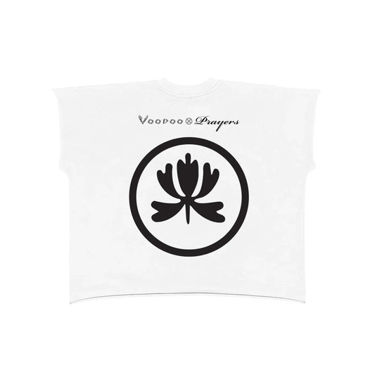 White oversized t-shirt with bold black abstract floral emblem and club-inspired script on back