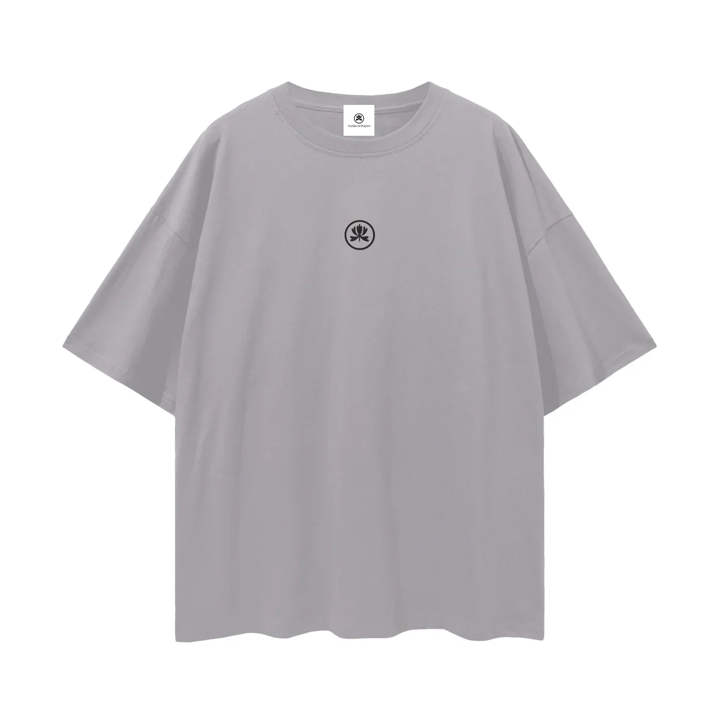 Oversized grey T-shirt with small black abstract logo on chest, streetwear style