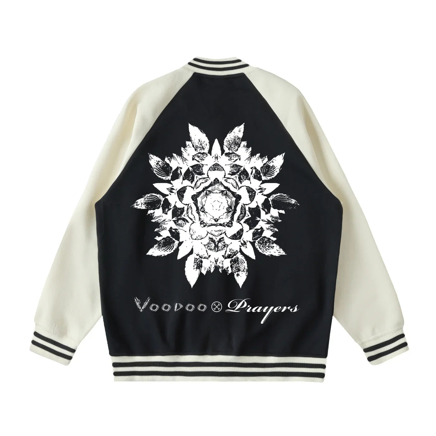 Black and white varsity jacket with floral mandala design and Voodoo Prayers text on back
