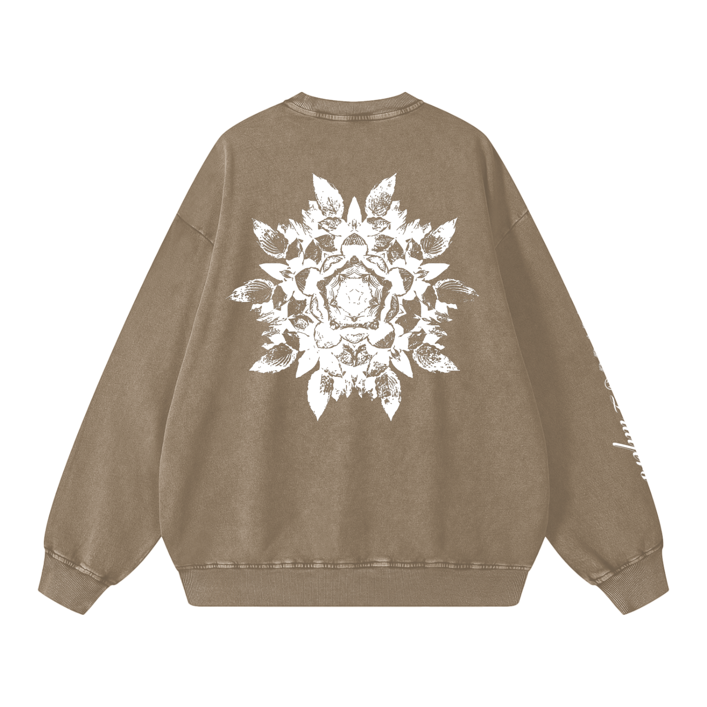 Brown sweatshirt with a white floral design on the back against a white background