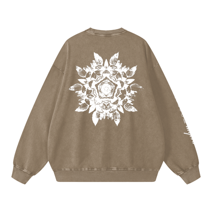 Brown sweatshirt with a white floral design on the back against a white background