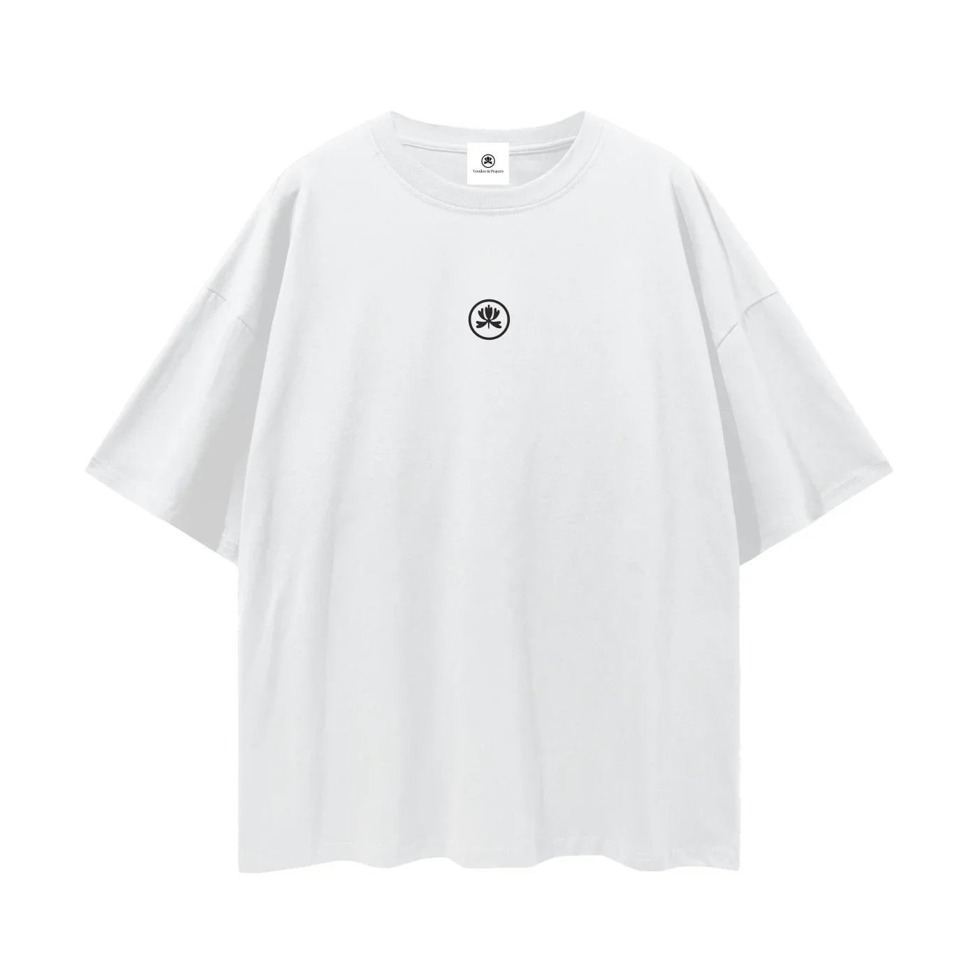 White oversized t-shirt with small black abstract graphic on chest, minimalist streetwear style