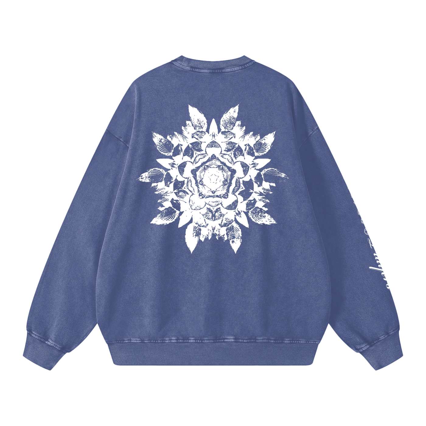 Blue sweatshirt with a white floral design on the back against a white background