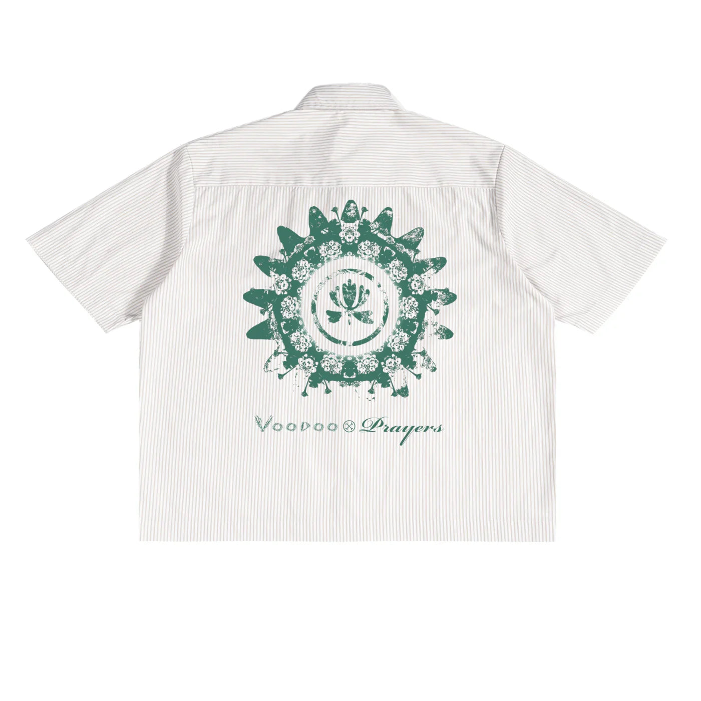 Striped short sleeve shirt with green floral mandala graphic and logo text on the back