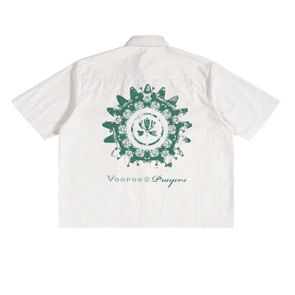 Striped short sleeve shirt with green floral mandala graphic and logo text on the back