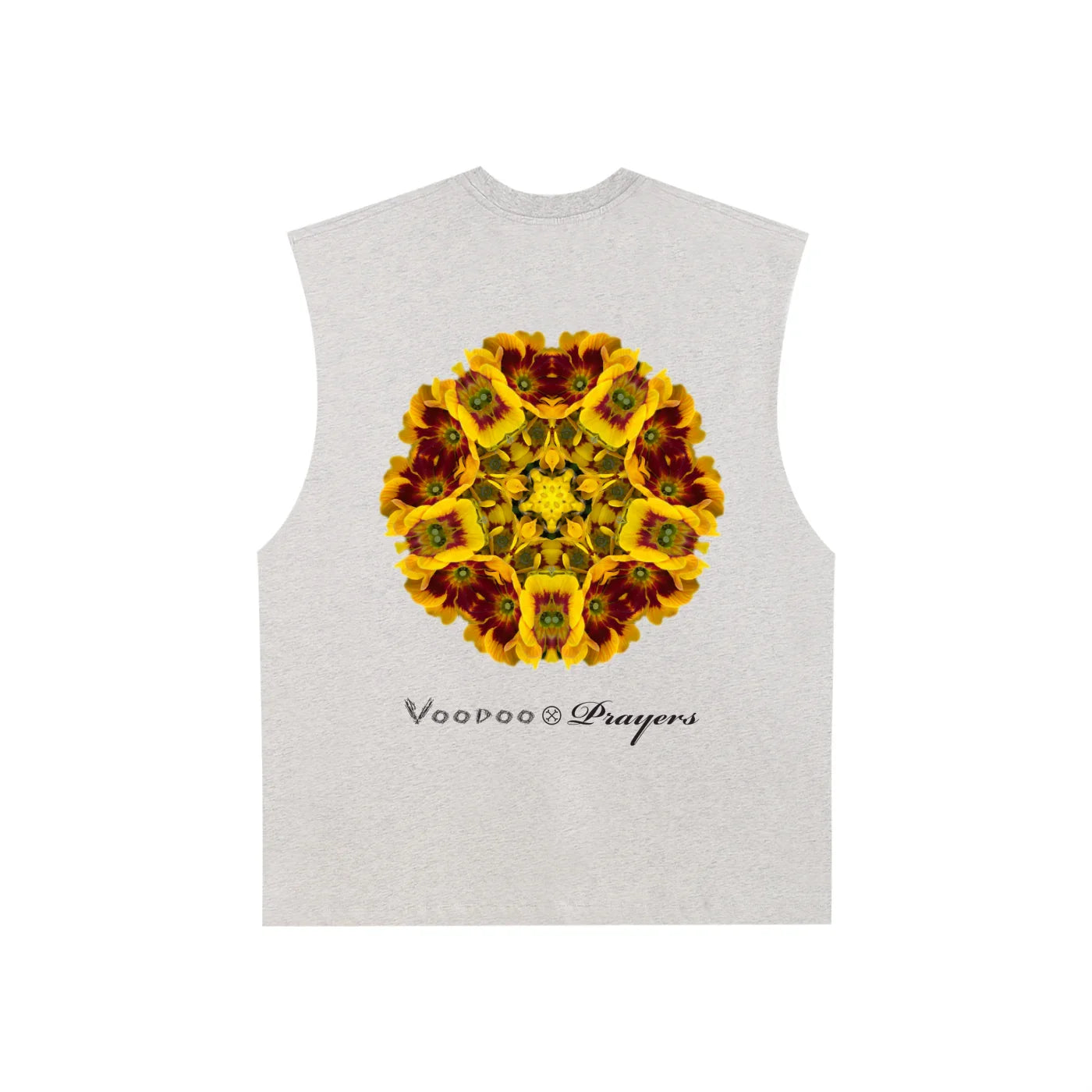 Sleeveless gray shirt with kaleidoscope yellow floral design and 'Voodoo Prayers' text