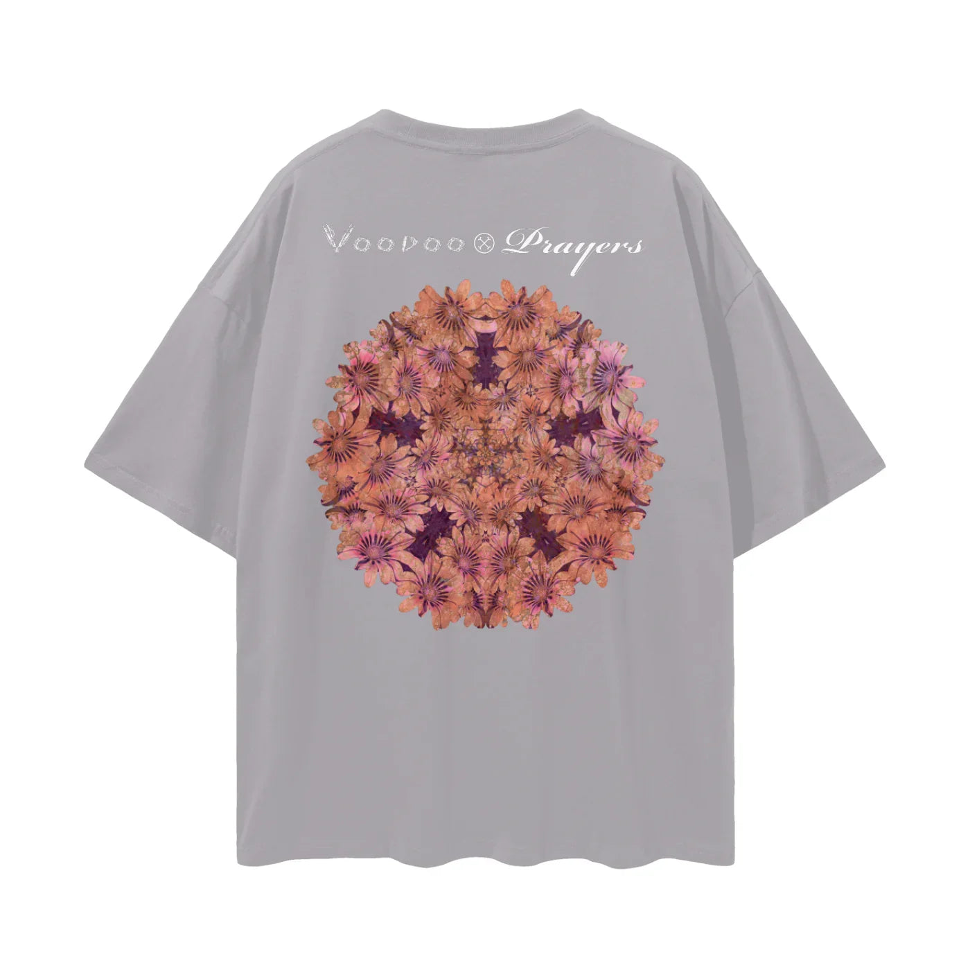 Grey oversized t-shirt with Voodoo Prayers text and large orange floral mandala graphic on back